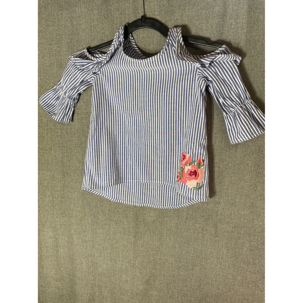 One Step Up Girls 4T Blue White Striped Cold Shoulder Floral Embroidered Top